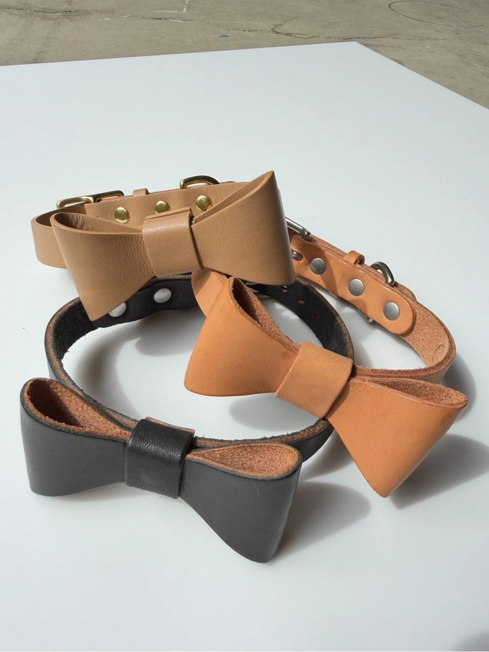 Tan Leather Bow Dog Collar with Gold Hardware - Designer Style